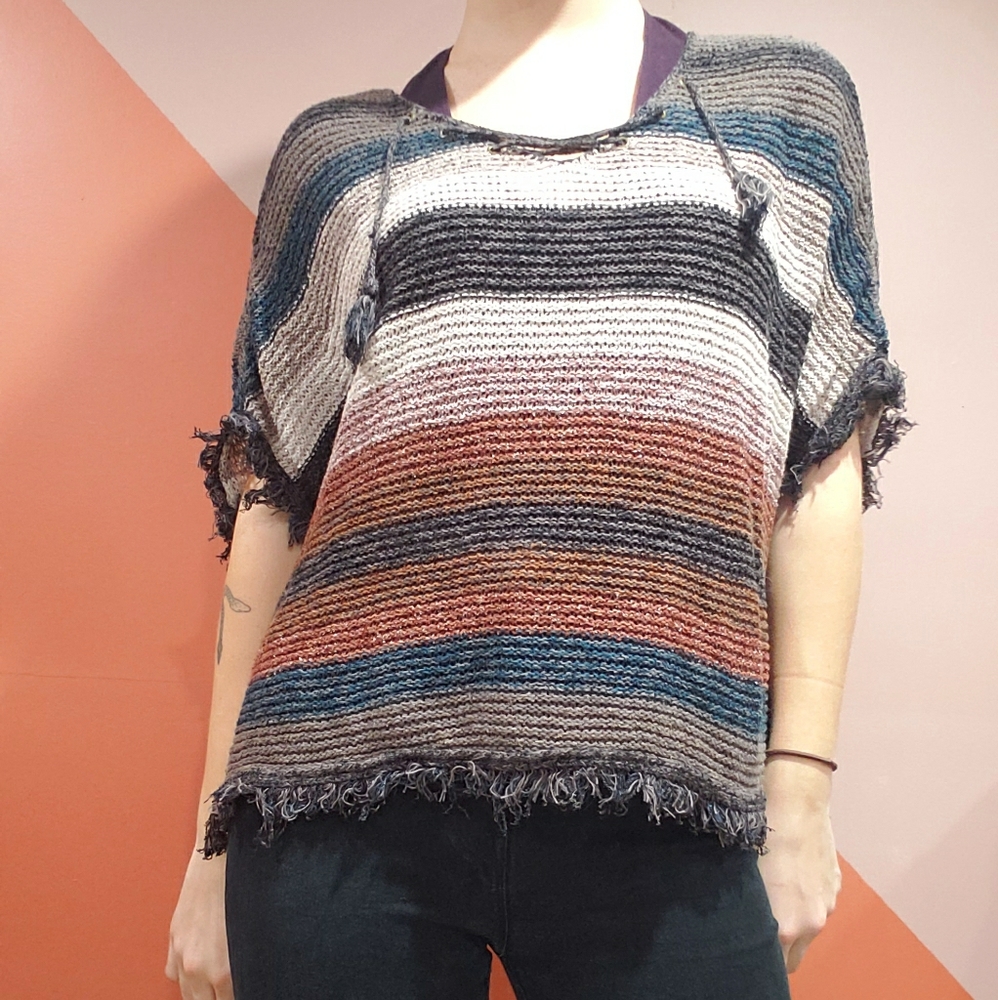 Striped, crochet, lace up, poncho sweater